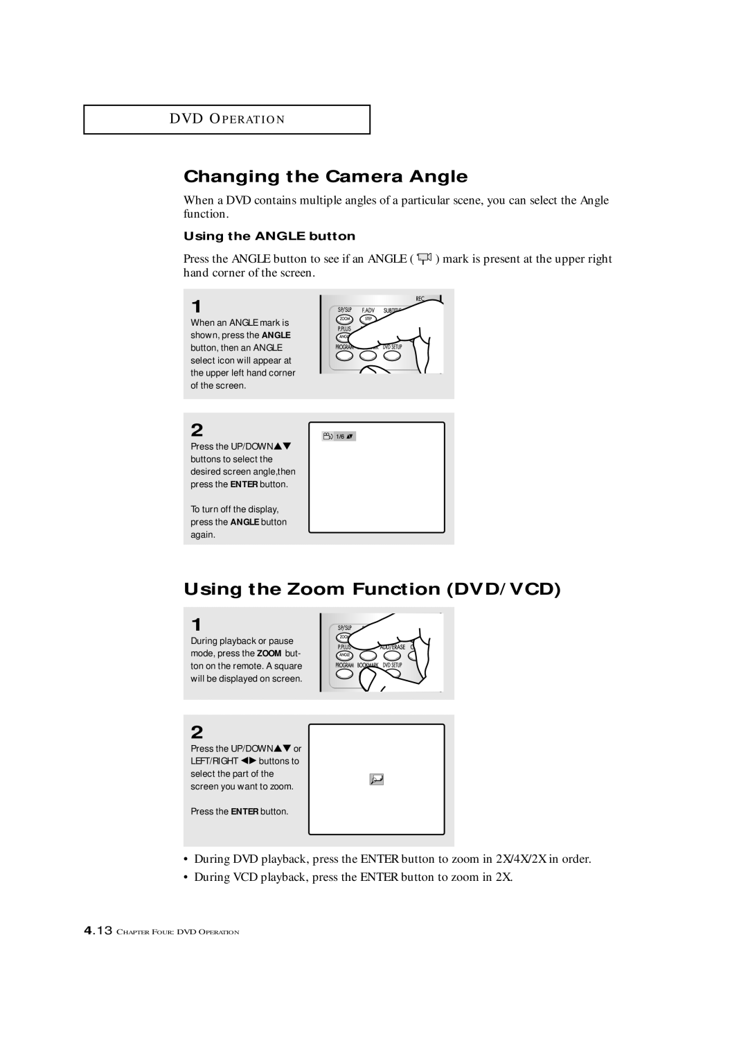 Samsung CXM 2785TP manual Changing the Camera Angle, Using the Zoom Function DVD/VCD, Using the Angle button 