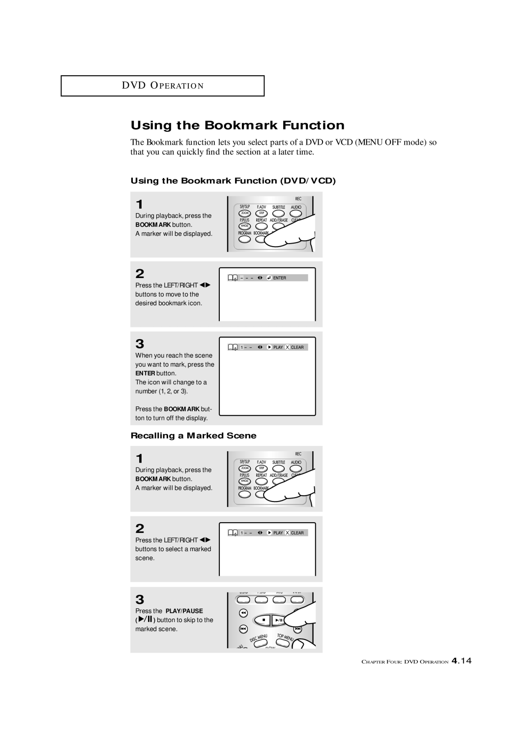 Samsung CXM 2785TP manual Using the Bookmark Function DVD/VCD, Recalling a Marked Scene, Marker will be displayed 