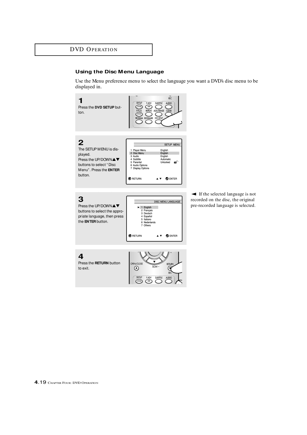 Samsung CXM 2785TP manual Using the Disc Menu Language, If the selected language is not 