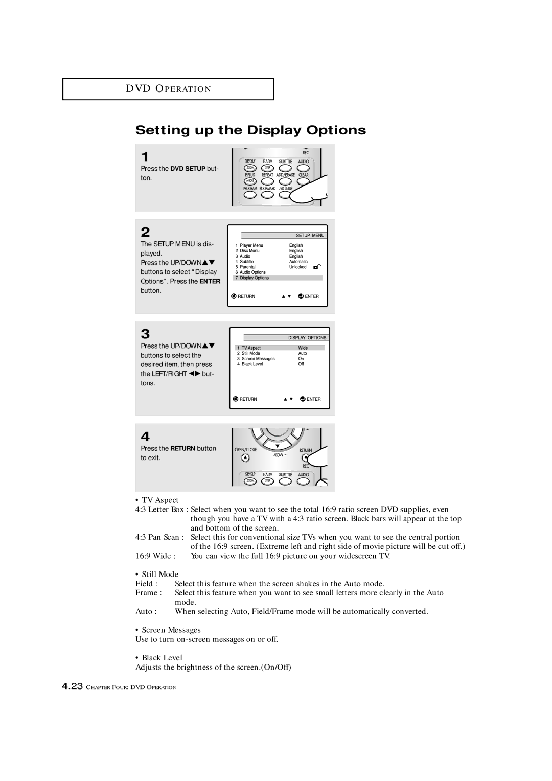 Samsung CXM 2785TP manual Setting up the Display Options, Use to turn on-screen messages on or off 