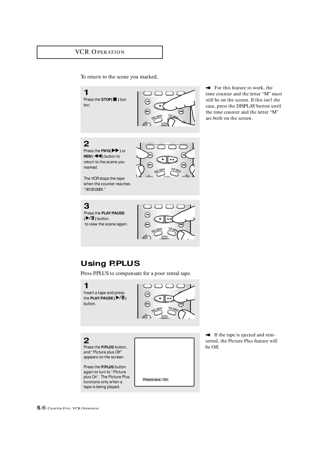 Samsung CXM 2785TP manual Using P.PLUS, For this feature to work, Press the Stop but- ton Press the FWD or 