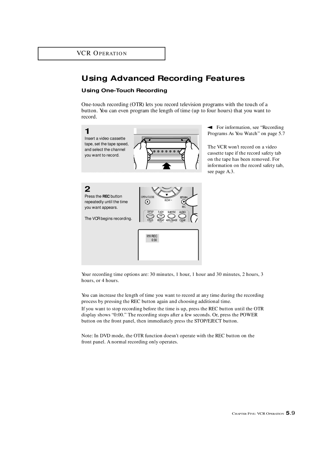 Samsung CXM 2785TP manual Using Advanced Recording Features, Using One-Touch Recording 