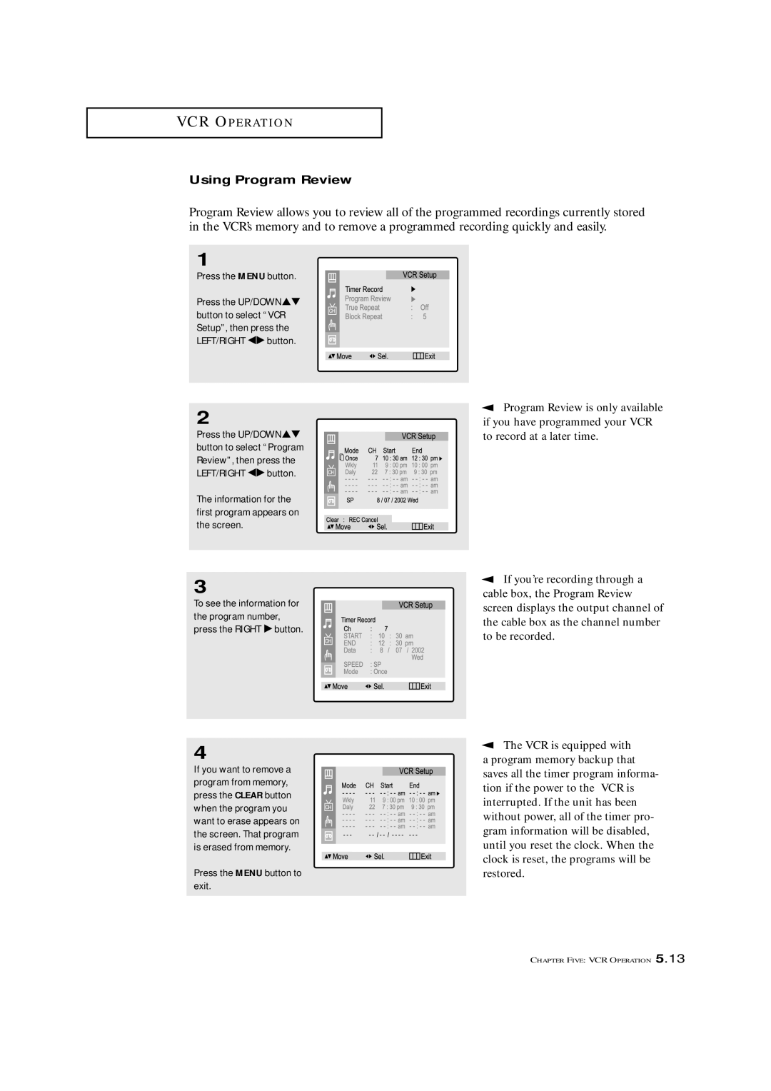 Samsung CXM 2785TP manual Using Program Review, Program Review is only available 