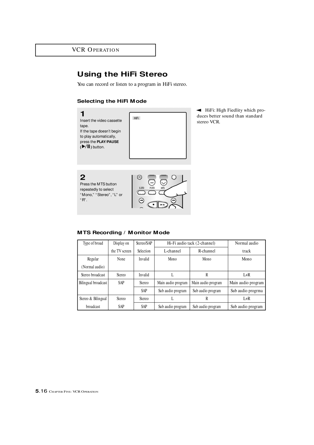 Samsung CXM 2785TP manual Using the HiFi Stereo, Selecting the HiFi Mode, MTS Recording / Monitor Mode 