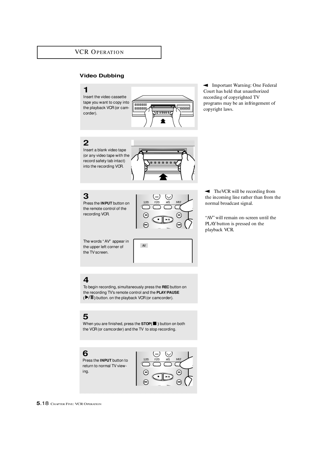 Samsung CXM 2785TP manual Video Dubbing, Important Warning One Federal, Button. on the playback VCR or camcorder 