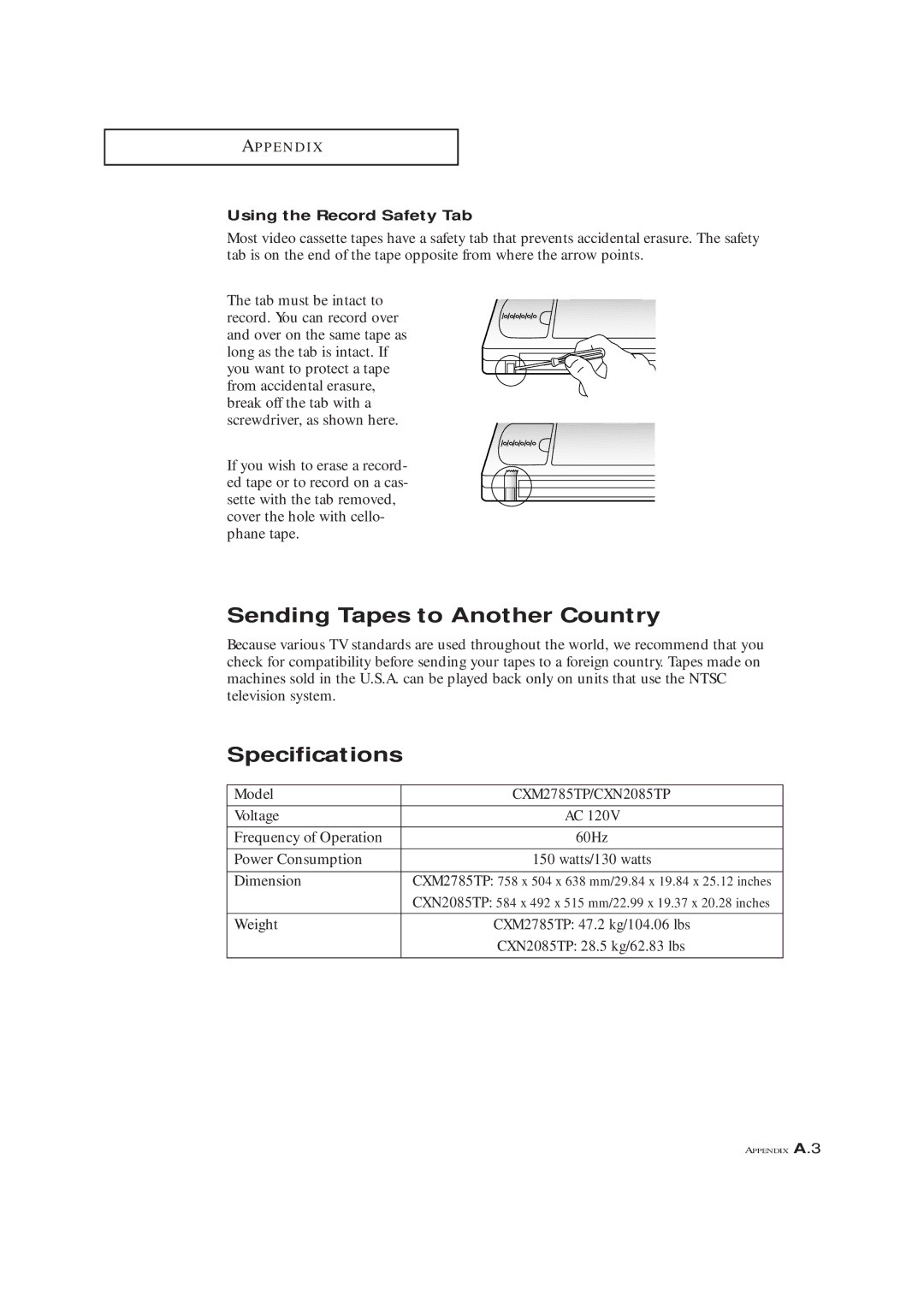 Samsung CXM 2785TP manual Sending Tapes to Another Country, Specifications, Using the Record Safety Tab, Watts/130 watts 