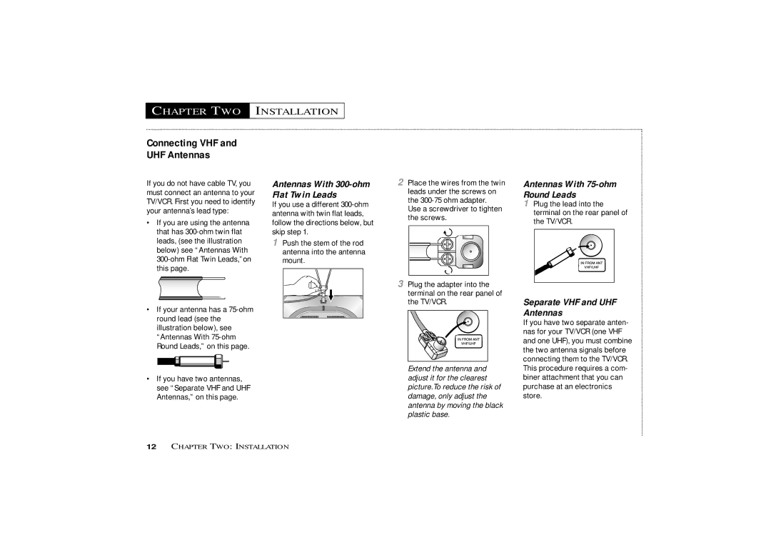 Samsung CXM1974, CXM 1374 owner manual Chapter TWO Installation, Connecting VHF UHF Antennas, Separate VHF and UHF Antennas 