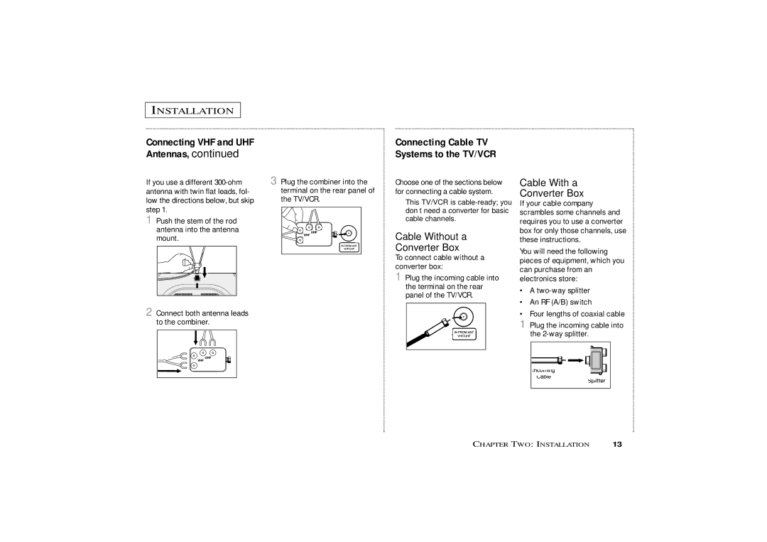 Samsung CXM 1374 Installation, Connecting VHF and UHF Antennas, Cable Without a Converter Box, Cable With a Converter Box 