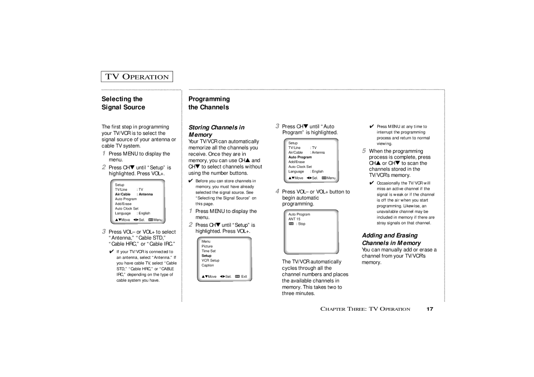 Samsung CXM 1374 Selecting Signal Source, Programming Channels, Storing Channels in Memory, Press Menu to display the menu 