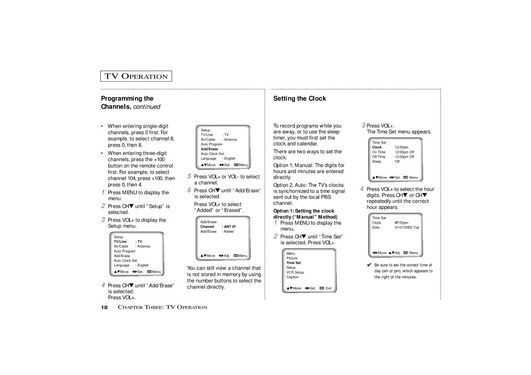 Samsung CXM1974, CXM 1374 Setting the Clock, Programming the Channels, Press CH until Add/Erase is selected Press VOL+ 