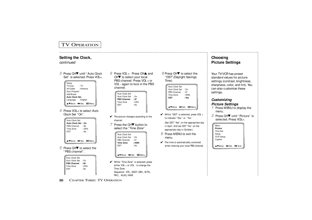 Samsung CXM1974, CXM 1374 Choosing Picture Settings, Customizing Picture Settings, Press VOL+ to select Auto Clock Set On 