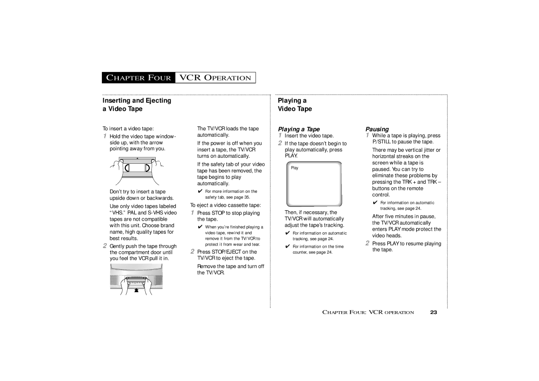 Samsung CXM 1374, CXM1974 Chapter Four VCR Operation, Inserting and Ejecting Video Tape, Playing a Tape, Pausing 
