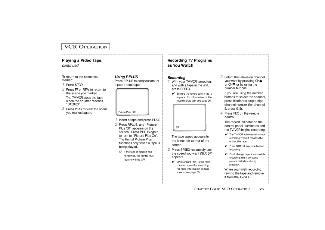 Samsung CXM 1374, CXM1974 owner manual Using P.PLUS, Recording TV Programs as You Watch 