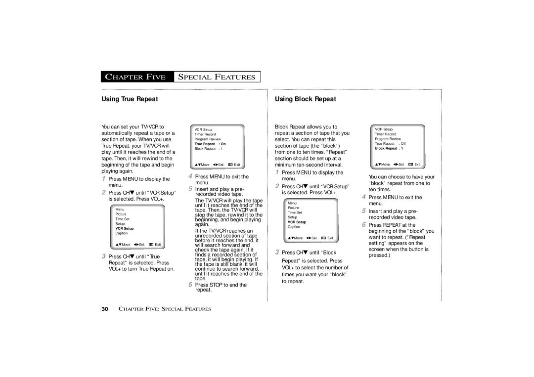 Samsung CXM1974 Chapter Five, Special Features, Using True Repeat, Using Block Repeat, Press Stop to end the repeat 