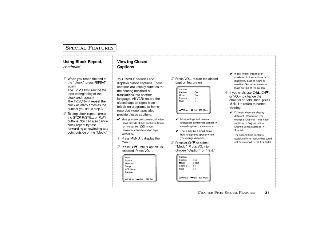 Samsung CXM 1374, CXM1974 Using Block Repeat, Captions, Viewing Closed, Press VOL+ to turn the closed caption feature on 