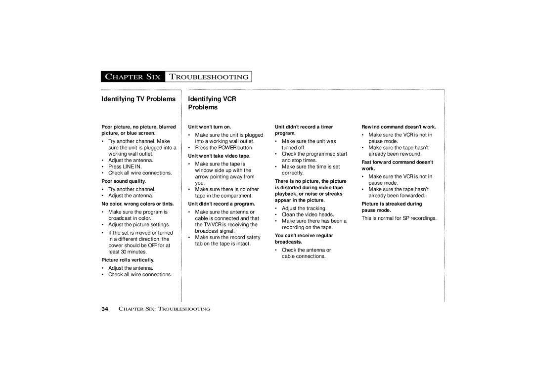 Samsung CXM1974, CXM 1374 owner manual Chapter SIX Troubleshooting, Identifying TV Problems, Identifying VCR Problems 