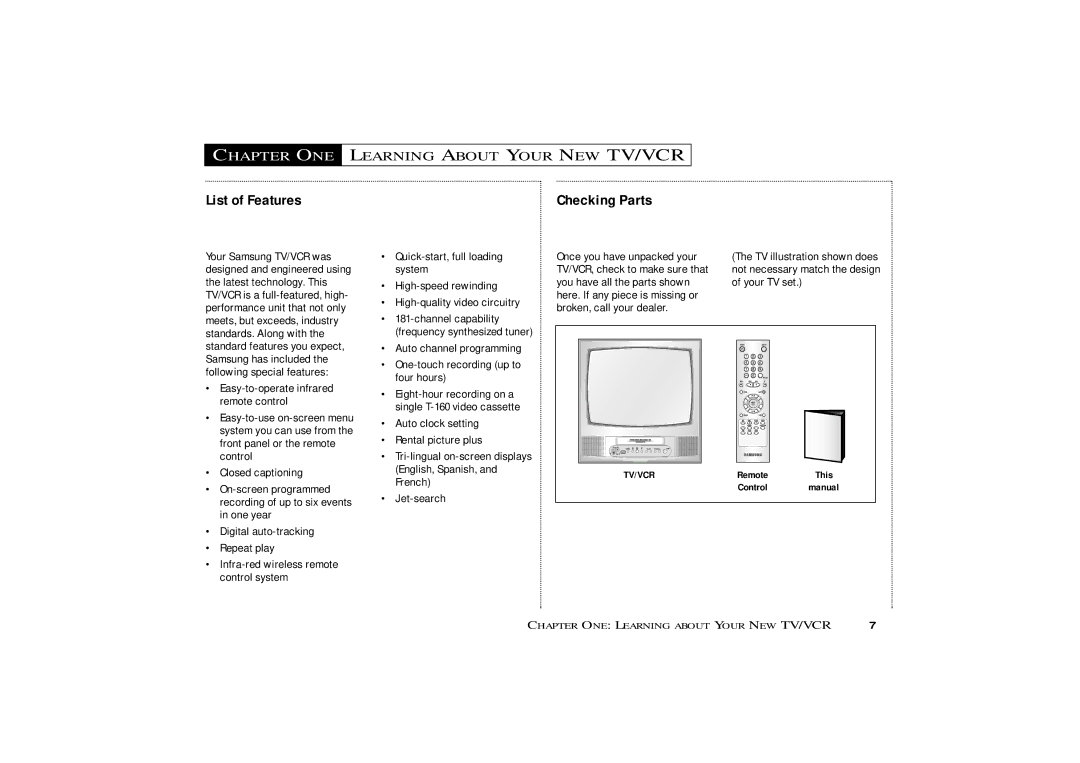 Samsung CXM 1374, CXM1974 owner manual Chapter ONE, Learning about Your NEW TV/VCR, List of Features, Checking Parts 