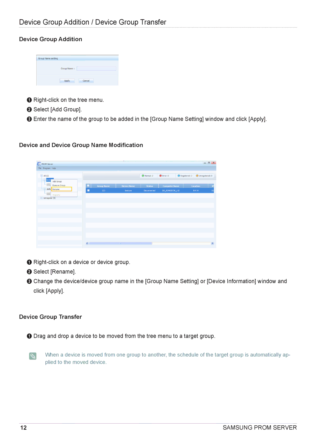 Samsung CY-CMR/EN, CY-CMR/ZA manual Device Group Addition / Device Group Transfer, Device and Device Group Name Modification 