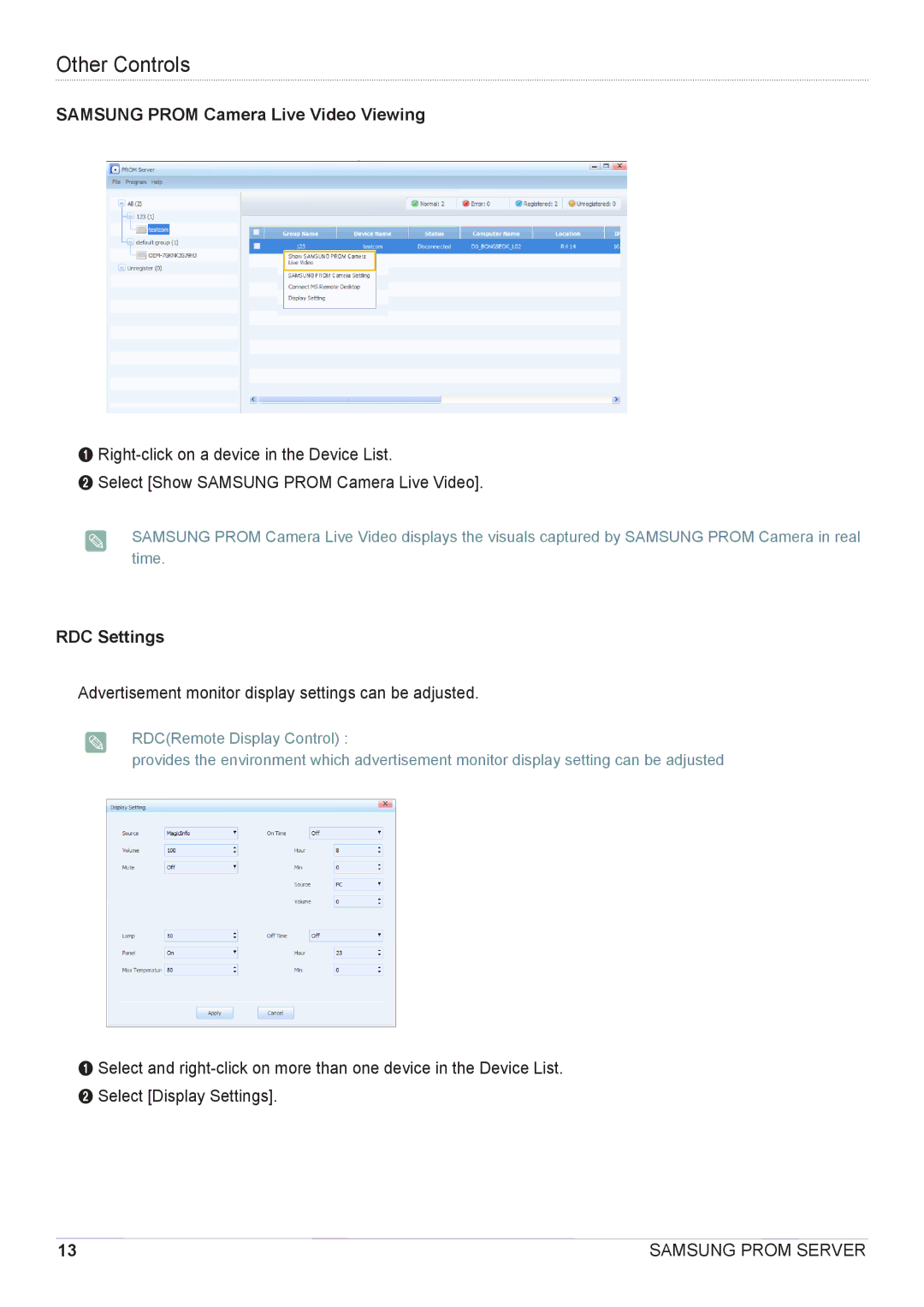 Samsung CY-CMR/ZA, CY-CMR/EN manual Other Controls, Samsung Prom Camera Live Video Viewing, RDC Settings 