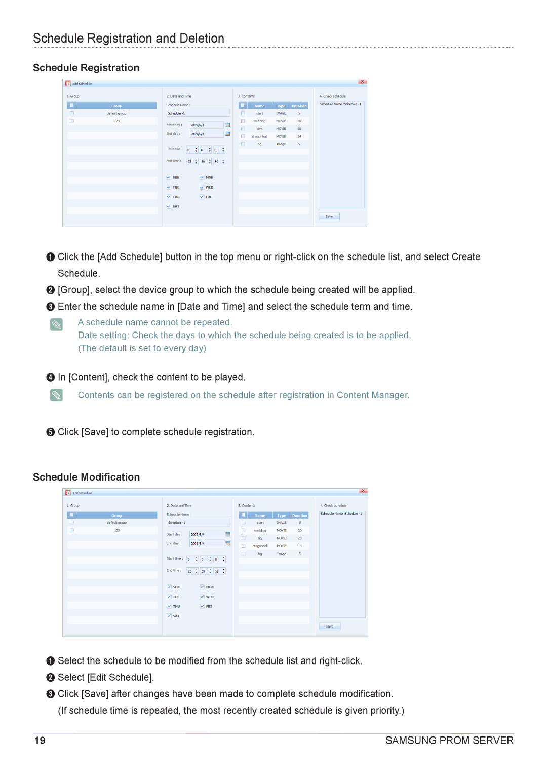 Samsung CY-CMR/ZA, CY-CMR/EN manual Schedule Registration and Deletion, Schedule Modification 