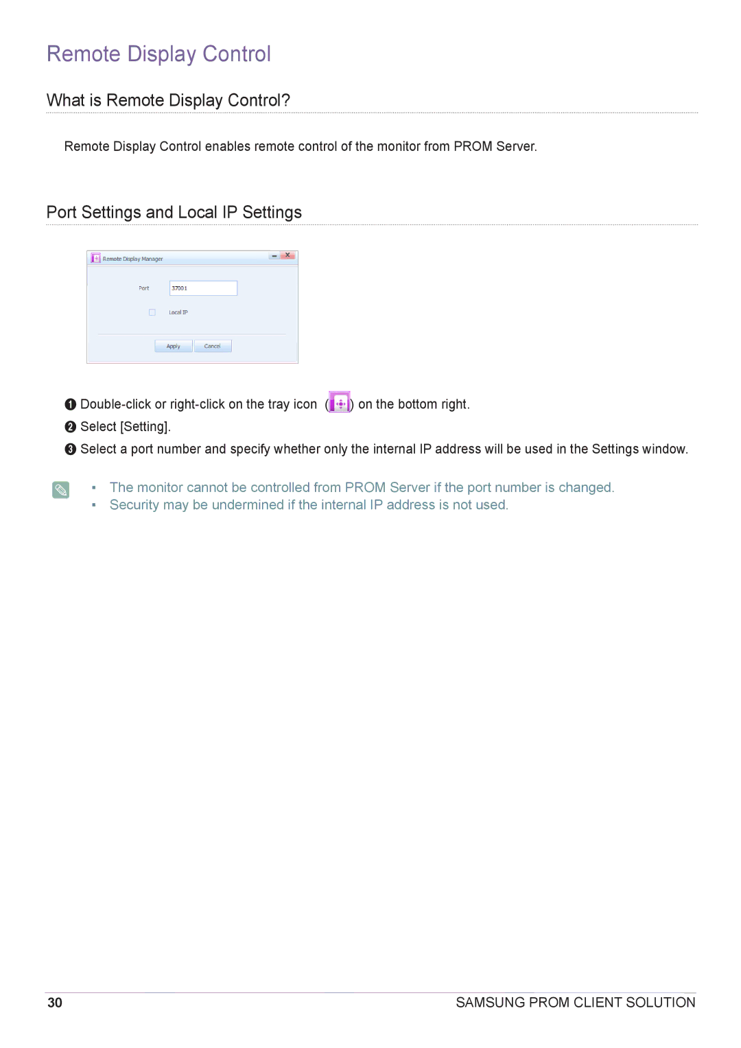 Samsung CY-CMR/EN, CY-CMR/ZA manual What is Remote Display Control?, Port Settings and Local IP Settings 