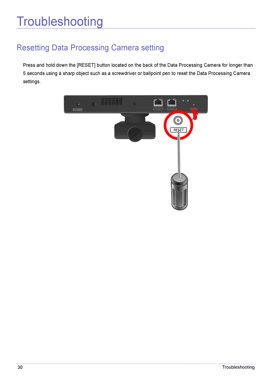 Samsung CY-CMR/EN, CY-CMR/ZA manual Troubleshooting, Resetting Data Processing Camera setting 