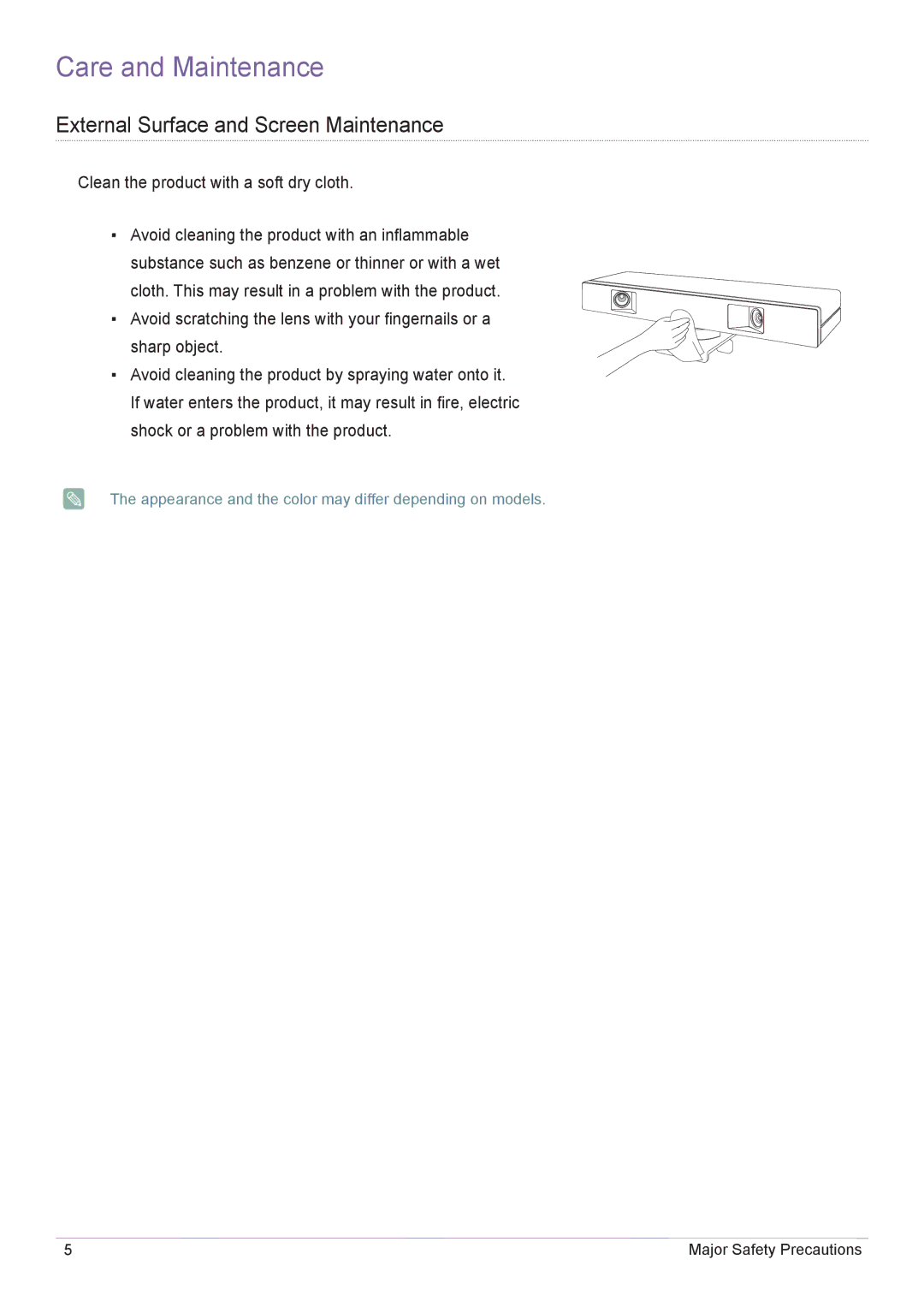 Samsung CY-CMR/ZA, CY-CMR/EN manual Care and Maintenance, External Surface and Screen Maintenance 