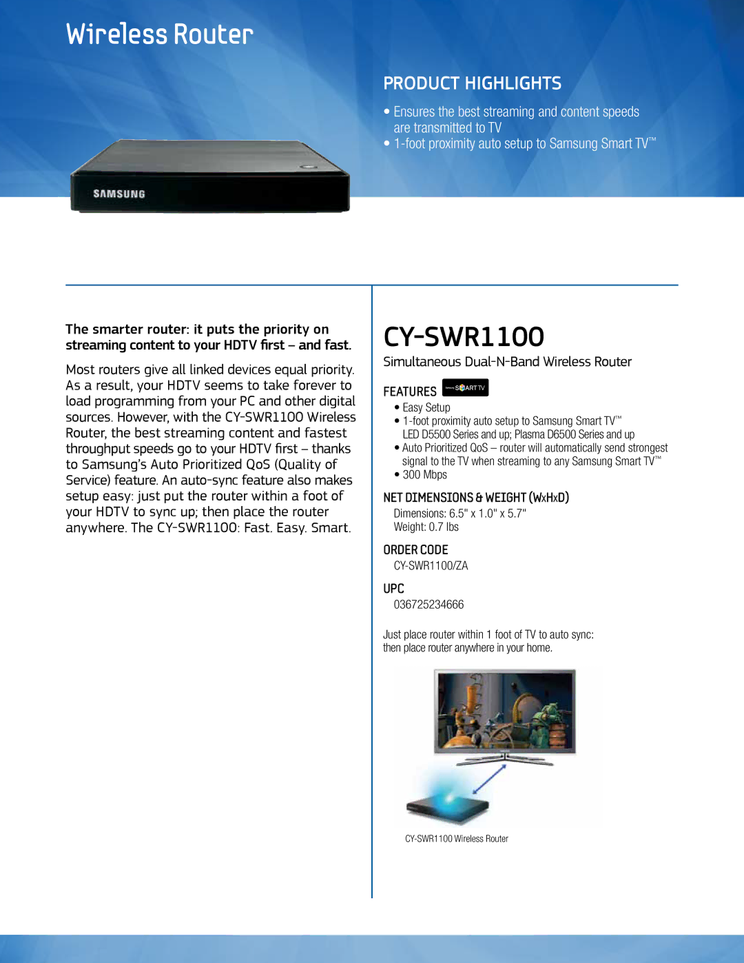 Samsung CYSWR1100 dimensions CY-SWR1100, Product Highlights, Simultaneous Dual-N-Band Wireless Router 