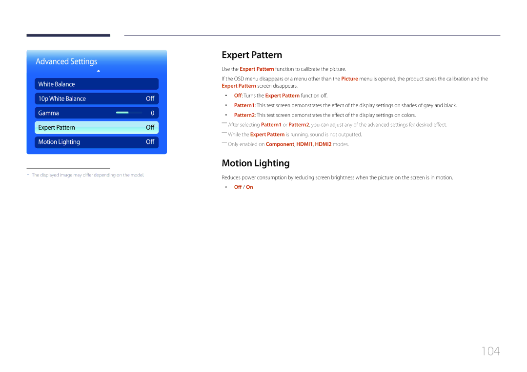 Samsung CYTM46LCA, ME40C user manual 104, Expert Pattern, Motion Lighting 