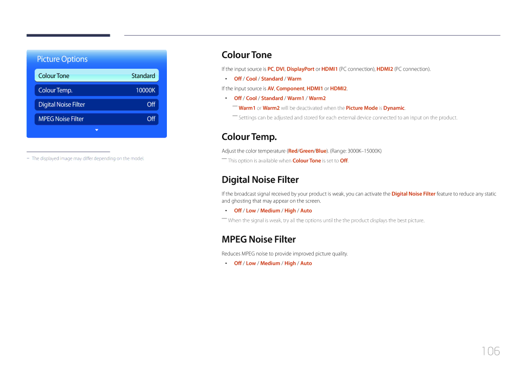 Samsung CYTM46LCA, ME40C user manual 106, Colour Tone, Colour Temp, Digital Noise Filter, Mpeg Noise Filter 