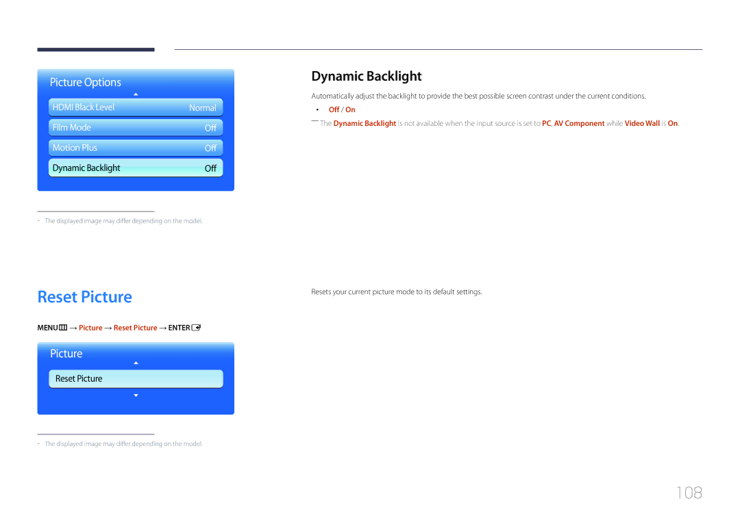 Samsung CYTM46LCA, ME40C user manual 108, Dynamic Backlight, MENUm → Picture → Reset Picture → Entere 