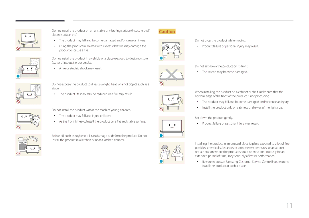 Samsung ME40C Sloped surface, etc, Product or cause a fire, Install the product in a kitchen or near a kitchen counter 