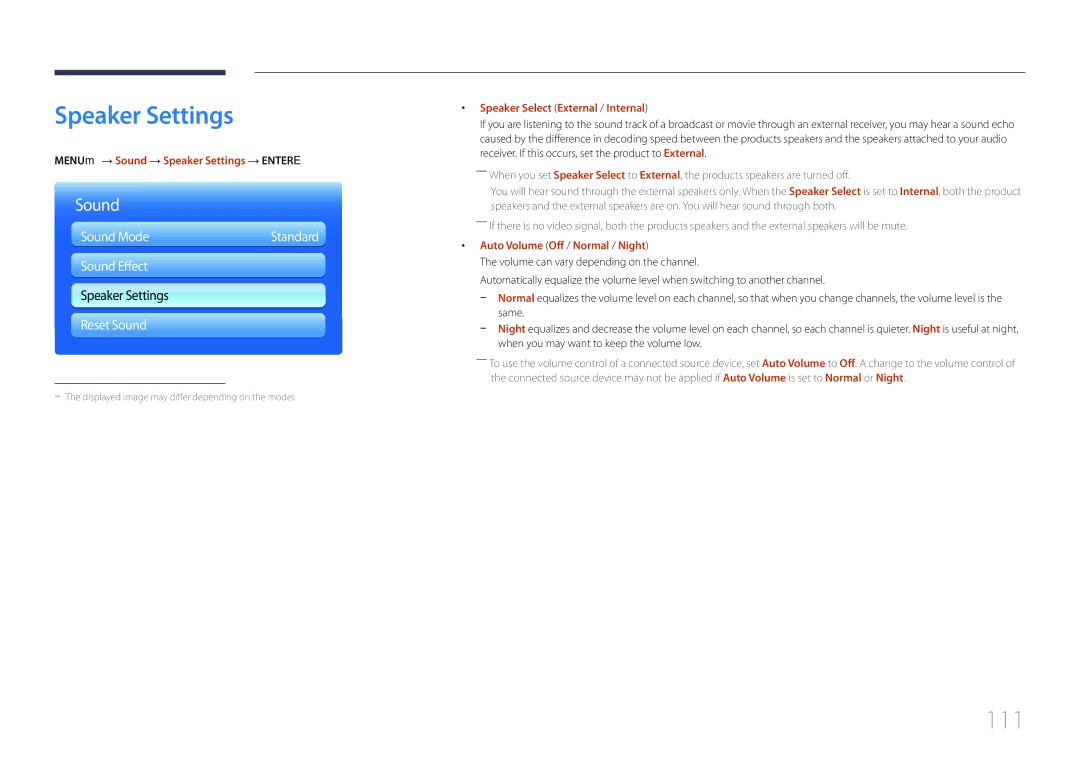 Samsung ME40C, CYTM46LCA user manual 111, MENUm → Sound → Speaker Settings → Entere, Speaker Select External / Internal 