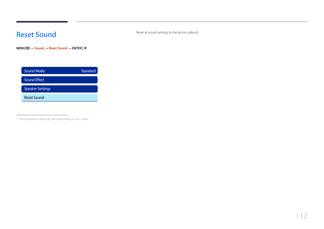 Samsung CYTM46LCA, ME40C 112, Reset all sound settings to the factory defaults, MENUm → Sound → Reset Sound → Entere 