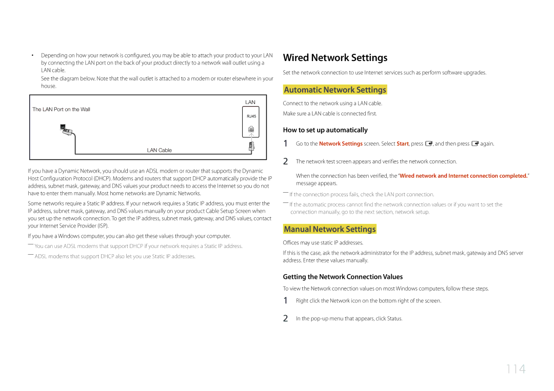 Samsung CYTM46LCA, ME40C user manual Wired Network Settings, Automatic Network Settings, Manual Network Settings 