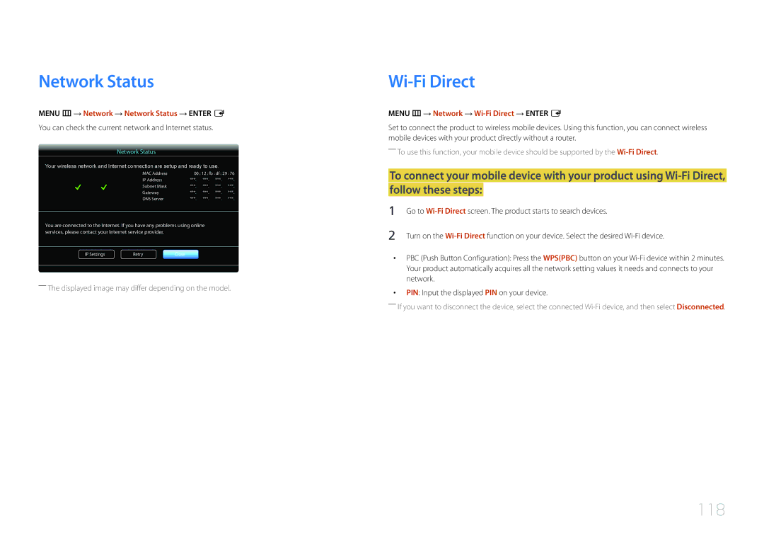 Samsung CYTM46LCA, ME40C Menu m → Network → Network Status → Enter E, Menu m → Network → Wi-Fi Direct → Enter E 