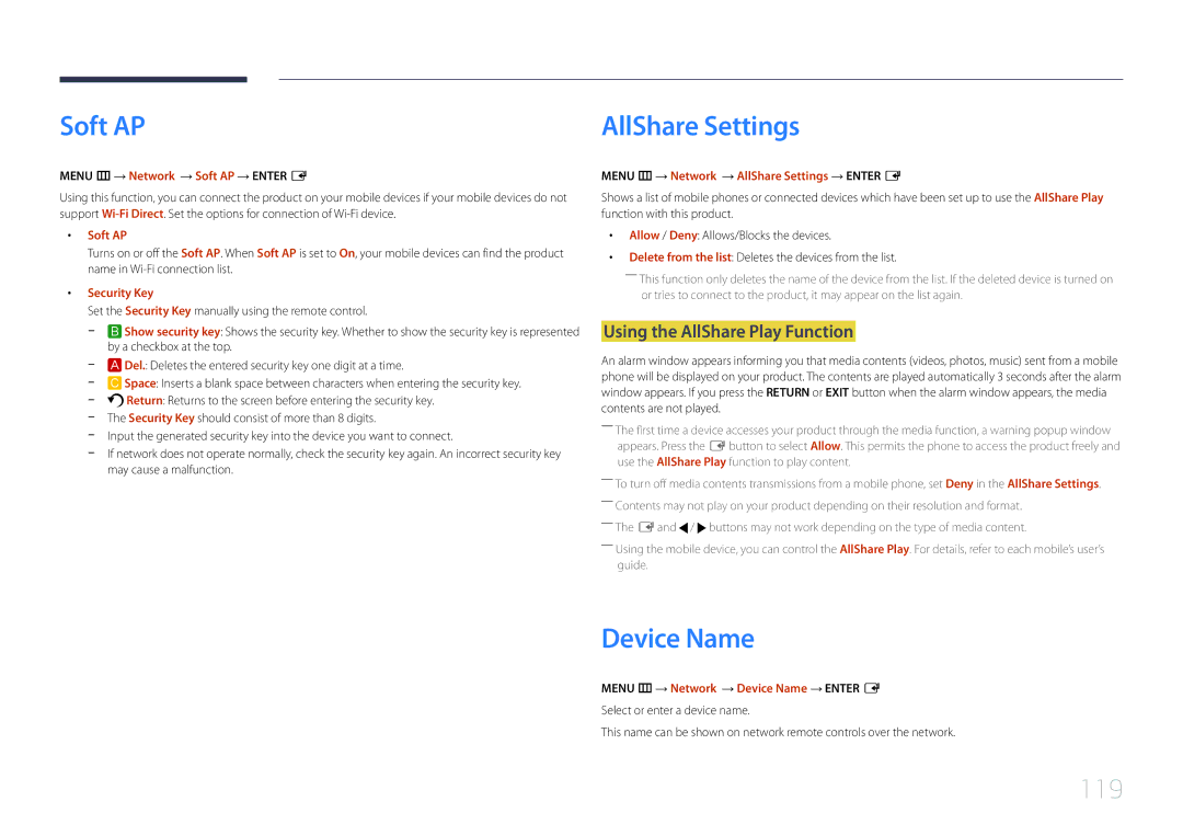 Samsung ME40C, CYTM46LCA user manual Soft AP, Device Name, Using the AllShare Play Function 