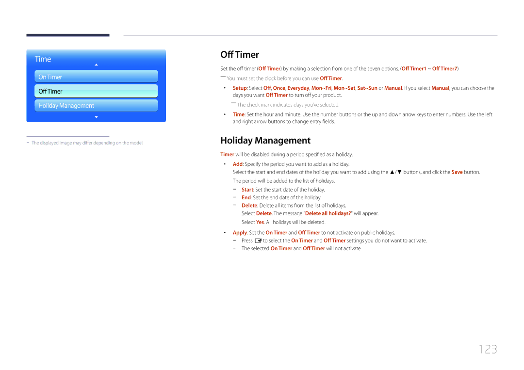 Samsung ME40C, CYTM46LCA user manual 123, Off Timer, Holiday Management 