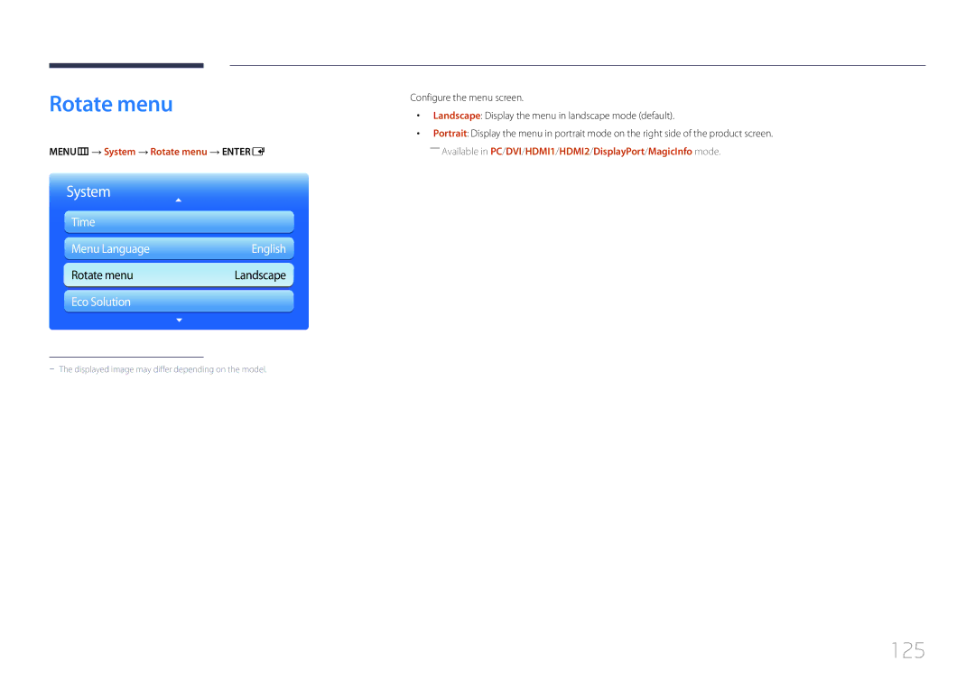 Samsung ME40C, CYTM46LCA user manual 125, MENUm → System → Rotate menu → Entere 