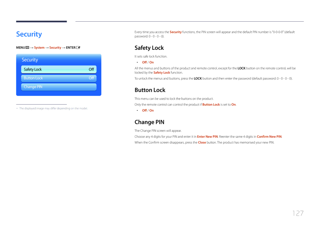 Samsung ME40C, CYTM46LCA user manual Security, 127, Safety Lock, Button Lock, Change PIN 