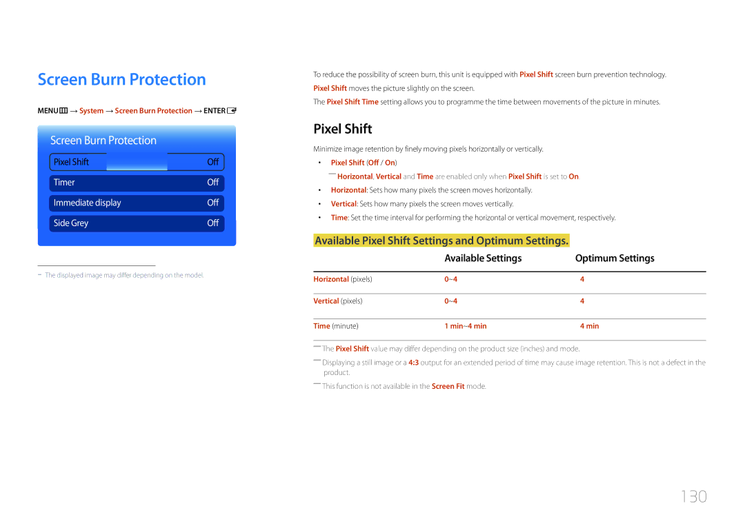 Samsung CYTM46LCA, ME40C user manual Screen Burn Protection, 130, Available Pixel Shift Settings and Optimum Settings 