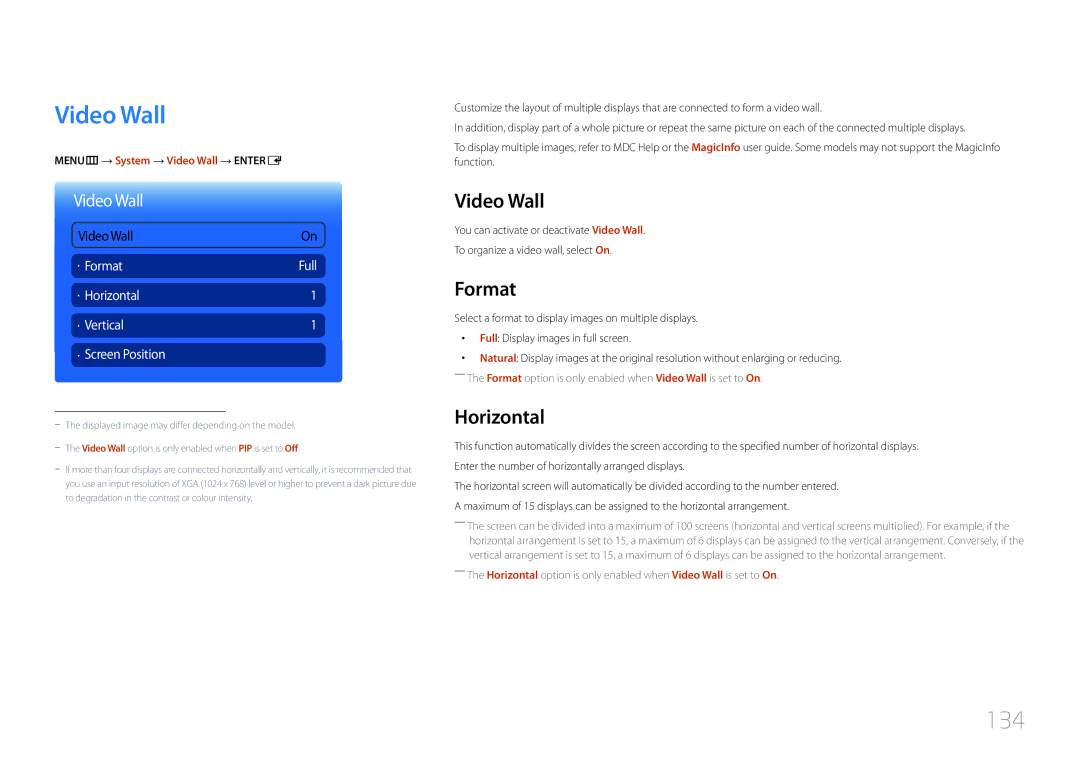 Samsung CYTM46LCA, ME40C user manual Video Wall, 134, Format, Horizontal 