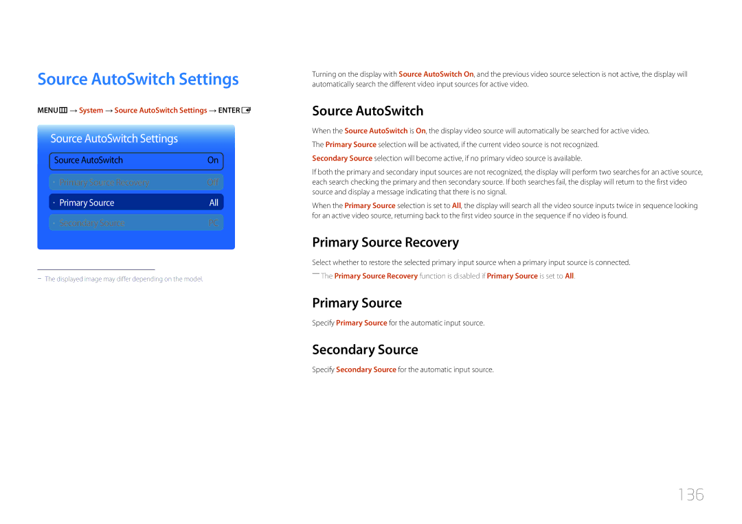 Samsung CYTM46LCA, ME40C user manual Source AutoSwitch Settings, 136 