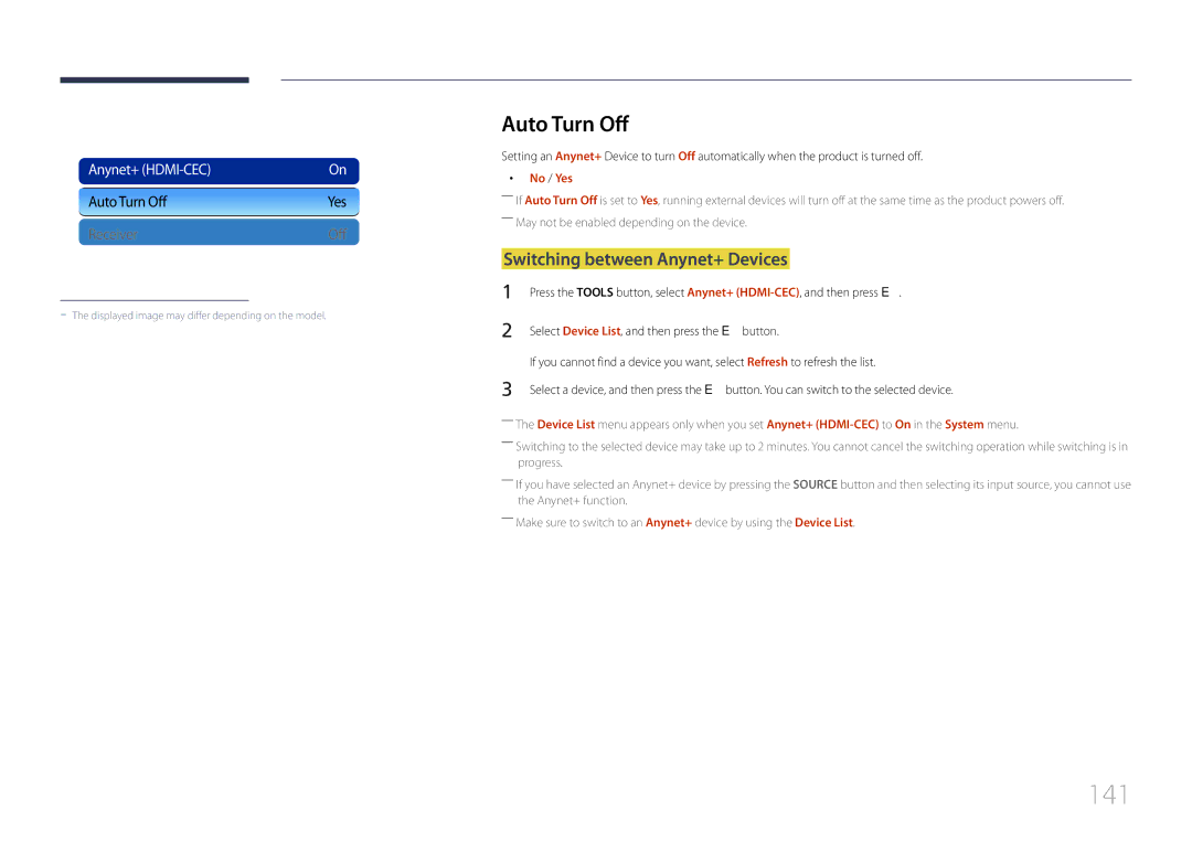 Samsung ME40C, CYTM46LCA user manual 141, Auto Turn Off, Switching between Anynet+ Devices, No / Yes 