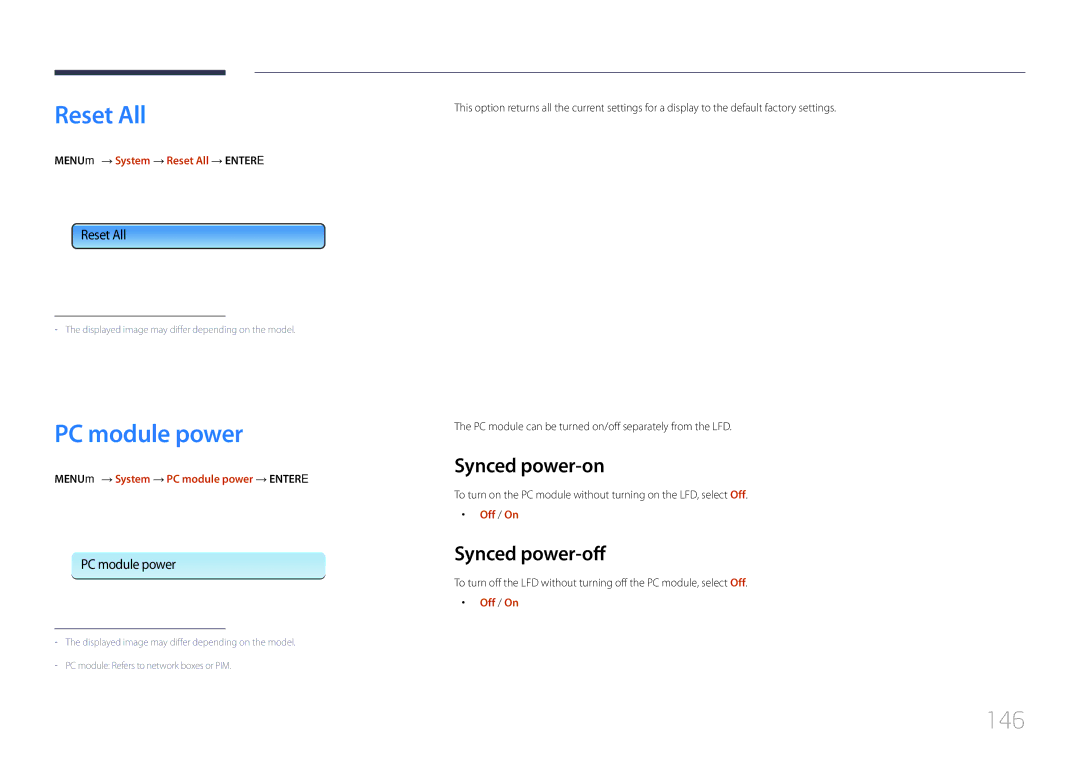 Samsung CYTM46LCA, ME40C user manual Reset All, PC module power, 146, Synced power-on, Synced power-off 