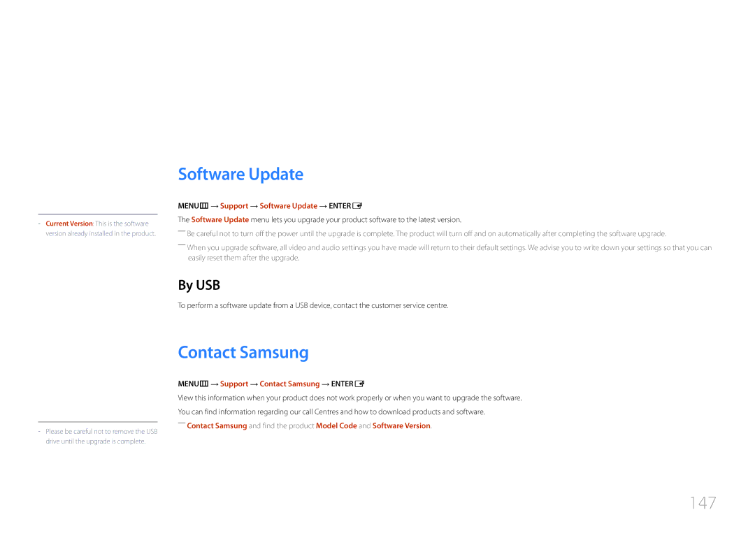 Samsung ME40C, CYTM46LCA user manual Support, Software Update, Contact Samsung, 147, By USB 