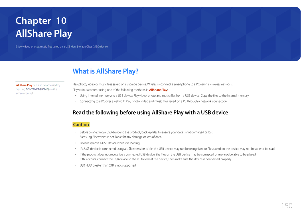 Samsung CYTM46LCA, ME40C user manual What is AllShare Play?, 150, USB HDD greater than 2TB is not supported 