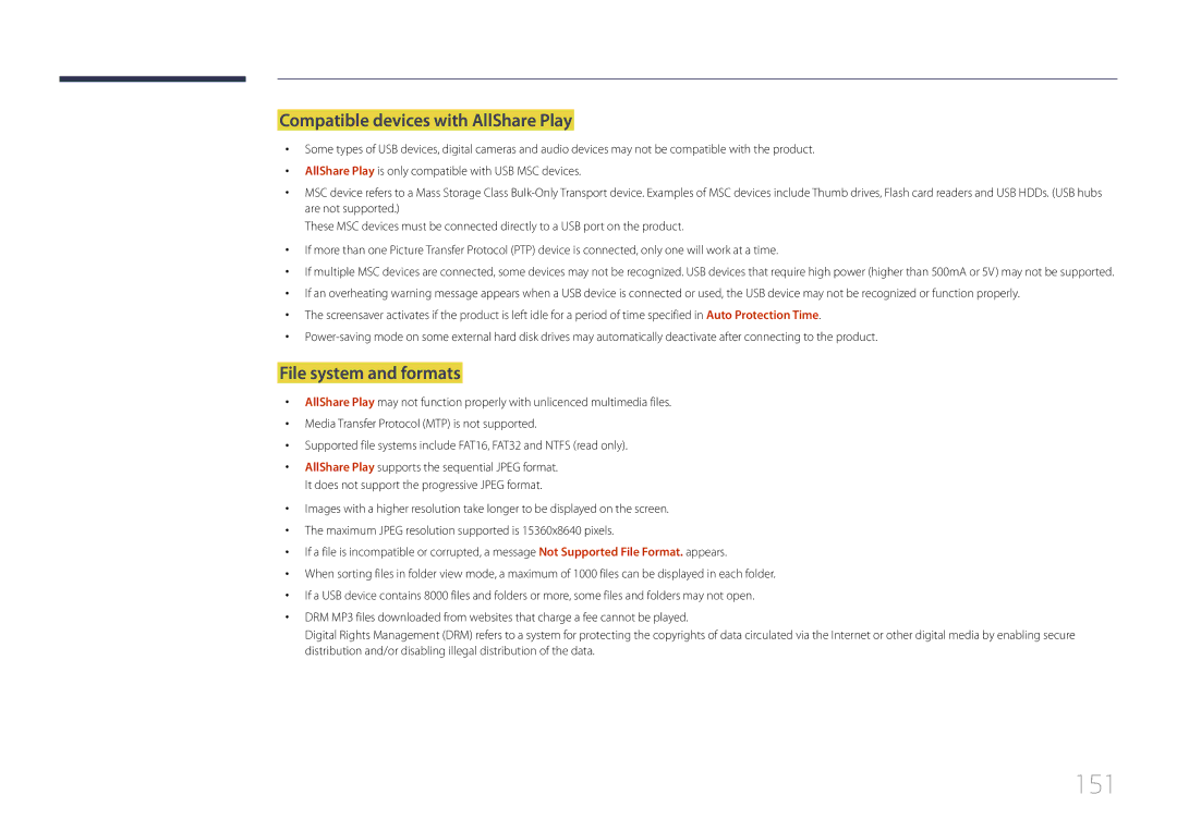 Samsung ME40C, CYTM46LCA user manual 151, Compatible devices with AllShare Play, File system and formats 