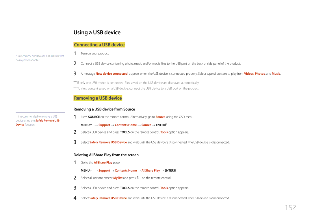 Samsung CYTM46LCA, ME40C user manual 152, Using a USB device, Connecting a USB device, Removing a USB device 
