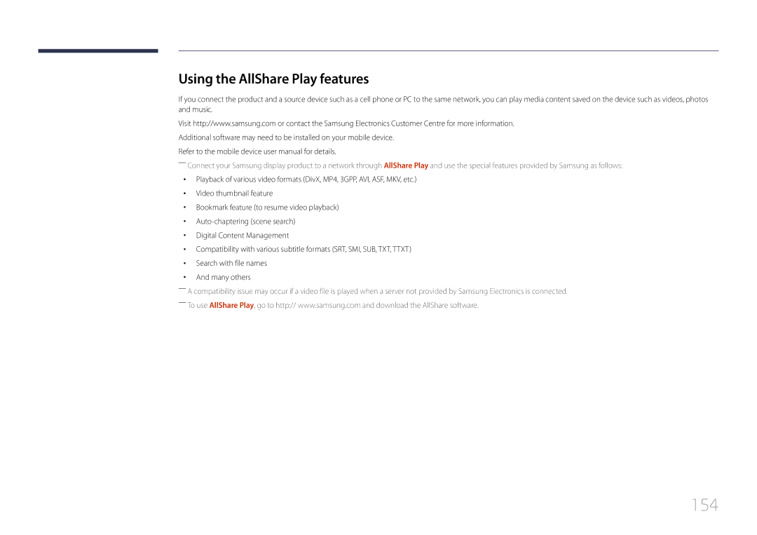 Samsung CYTM46LCA, ME40C user manual 154, Using the AllShare Play features 